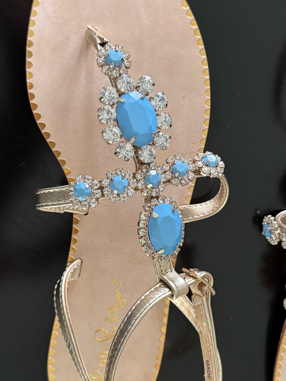 Lilly Pulitzer Katie Embellished Bermuda Blue/Gold Leather Sandals Sz 7 1/2 - Picture 7 of 8